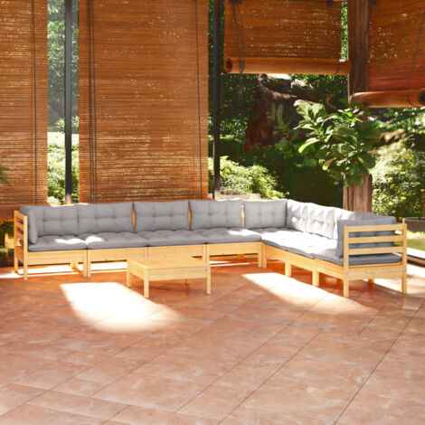INLIFE Salon de jardin 9 pcs avec coussins gris Bois de pin solide (1/5)