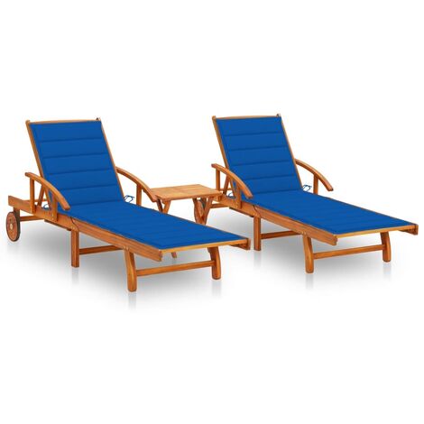 INLIFE Chaises longues 2 pcs avec table et coussins Acacia solide (1/5)