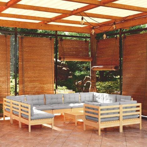 INLIFE Salon de jardin 12 pcs avec coussins gris Bois de pin massif (1/5)