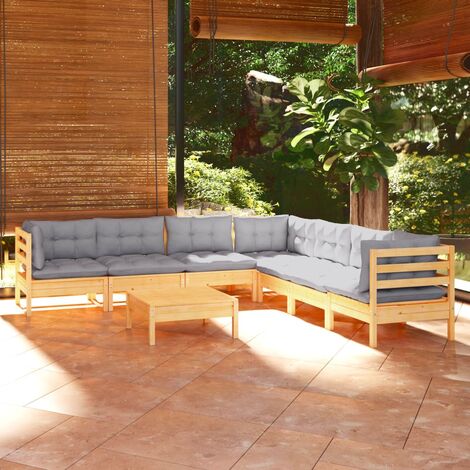 INLIFE Salon de jardin 8 pcs avec coussins gris Bois de pin solide (1/5)