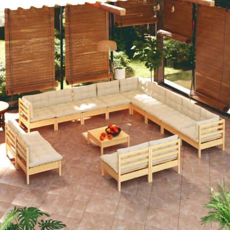INLIFE Salon de jardin 14 pcs avec coussins crème Bois de pin solide (1/5)