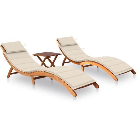 INLIFE Chaises longues 2 pcs avec table et coussins Acacia solide (1/5)