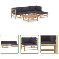 The Living Store Salon de jardin 5 pcs avec coussins gris foncé bambou - Salon De Jardin - Mobilier De Jardin - Set De Salon - Meubles De Jardin - Bambou