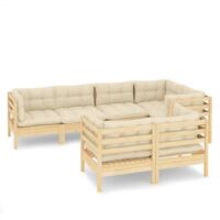 INLIFE Salon de jardin 7 pcs avec coussins crème Bois de pin massif