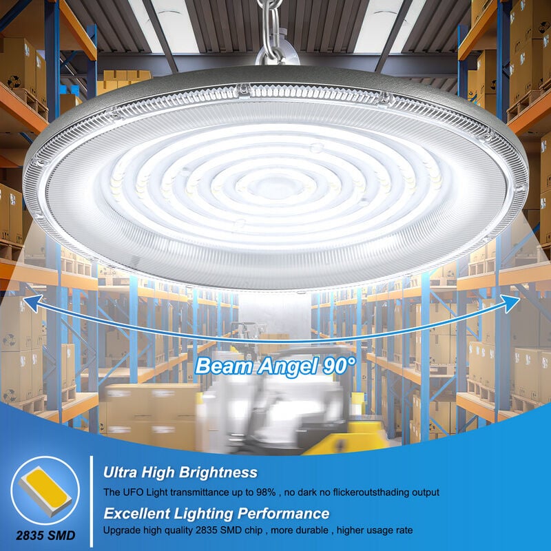 100W UFO LED Projecteur LED Industriel, 10000LM Spot High Bay Lumière IP65  UFO LED Blanc Froid 6500K, LED Projecteur Interieur pour l’éclairage de