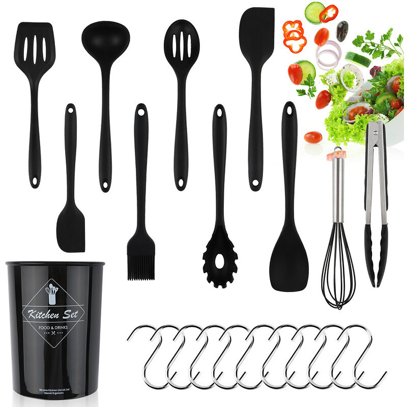 Randaco Ustensile de cuisine Silicone cuisine set de 12 outils de la  spatule antiadhésive Noir