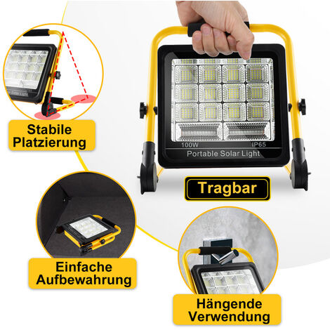 Projecteur Chantier LED Rechargeable Solaire 100W, 120 LED Lampe de  Travail, 12000mAH Batterie Étanche USB Banque