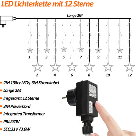 VINGO Guirlande lumineuse LED Étoiles Rideau lumineux Décoration Filet lumineux Extérieur Intérieur Fête Noël Jardin IP44 Blanc chaud