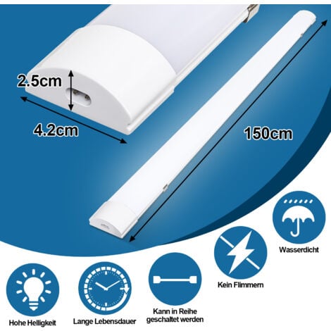 VINGO Réglette LED extra plate Line Luminaire LED étanche tubes LED interconnectable traversante Blanc Neutre IP65 Plafonnier LED 48W 150cm
