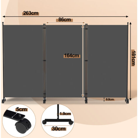 Paravent Sur Roulettes Vkechh – Pliable 360° – Tissu Polyester Anthracite – Pour Bureau Ou Salon
