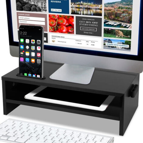 Support D'écran Avec Tiroirs En MDF - Plateau 48x20 Cm, Hauteur 13.5 Cm, Charge 5 Kg | Organisateur De Bureau