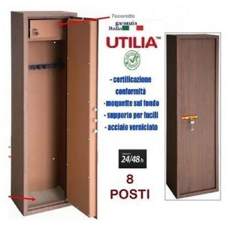 ARMADIO PORTAFUCILI FUCILIERA UTILIA A 8 POSTI FINITURA LEGNO ACCIAIO  BLINDATO