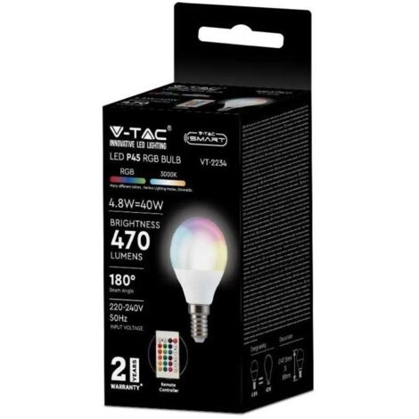 Ampoule LED V-TAC E14 4,8 W P45 avec télécommande RF RGB + blanc chaud, intensité variable (1/9)