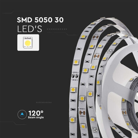V-TAC Bande LED SMD5050 6W/m 5m 30 LED/m 12V 3000K IP20 10mm