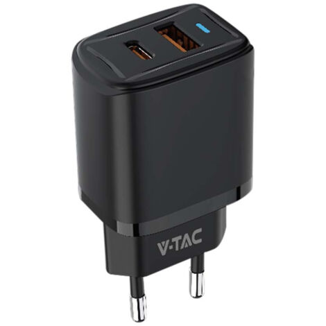 V-TAC VT-3530 chargeur adaptateur de voyage USB 20W 1 PD+1 QC couleur noir - 23581 (1/5)