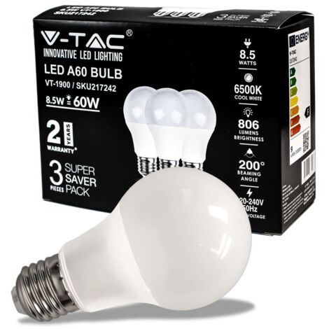 V-TAC VT-1900 Ampoule LED E27 8,5W SMD A60 lumière blanche froide 6500K boîte 3 pièces - 217242 (1/5)
