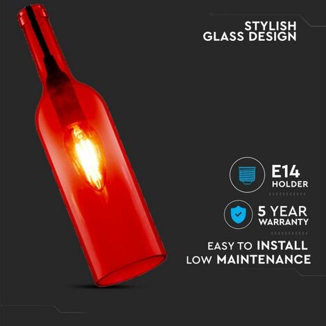 V-Tac – Lustre LED en verre rouge – Douille E14 jusqu'à 60 W – Dimensions Ø 72 x 115 cm – Design bouteille moderne (1/7)
