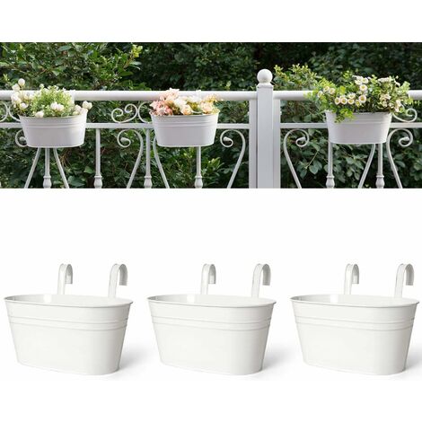 3 Pack Metal Iron Hanging Flower Pots for Railing Fence Hanging Bucket Pots Countryside Style Window Flower Plant Holder with Detachable Hooks Home Decor,White