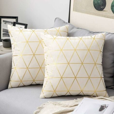 New Upholstered Throw Pillow Pair 18x18 Cream Charcoal and Yellow Diamond  Design