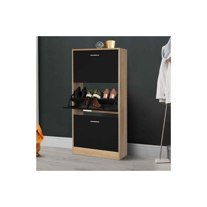 Mueble zapatero de imitación de haya con 3 puertas negras