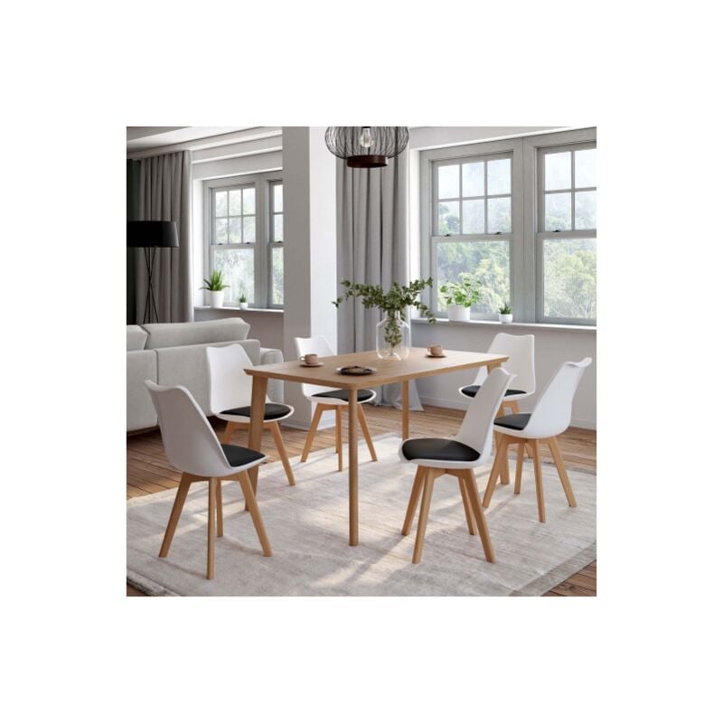 Conjunto de 6 sillas de comedor SARA bicolor blanco con cojín negro