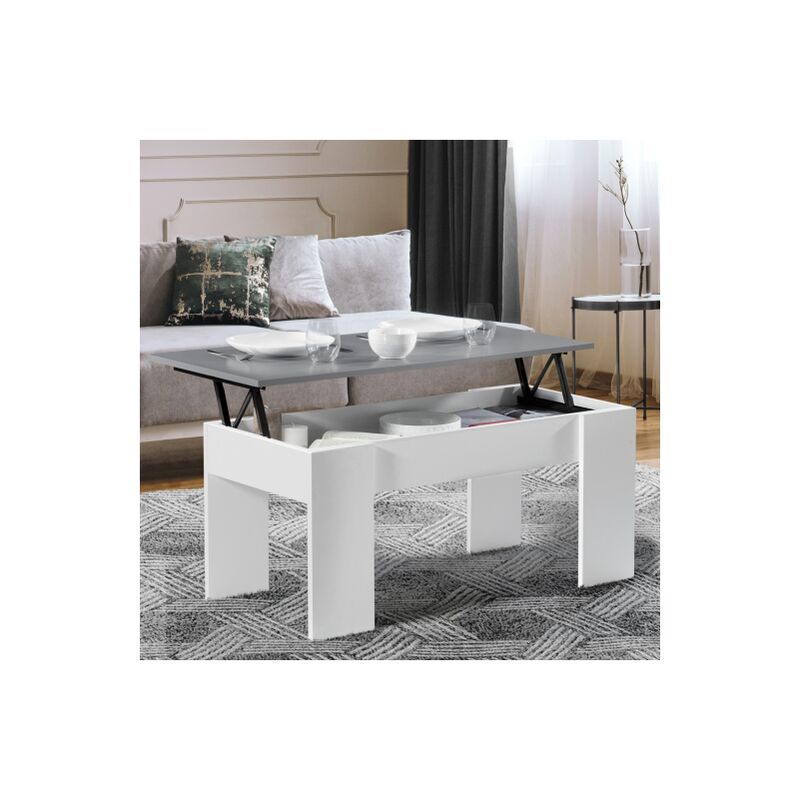 Mesa de centro con tablero elevable TARA de madera blanca y gris