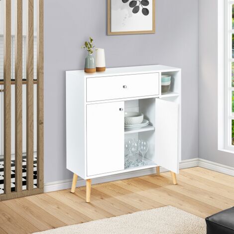 Estantería, mueble de almacenamiento escandinavo de madera blanca con armario y cajón EMMIE