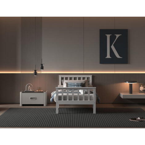 FURNITURE HMD White Single Bed Frame Solid Pine Wood:90x190cm
