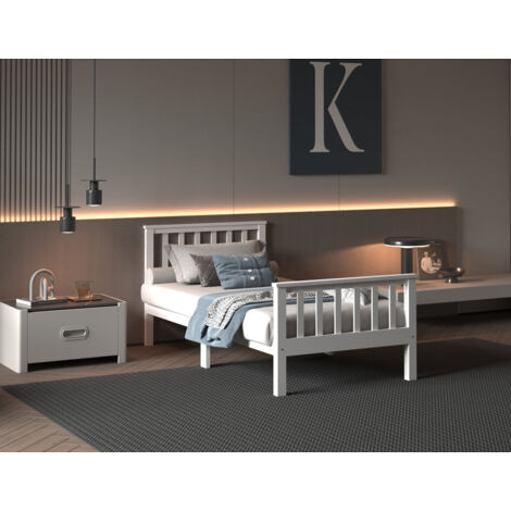 FURNITURE HMD White Single Bed Frame Solid Pine Wood:90x190cm