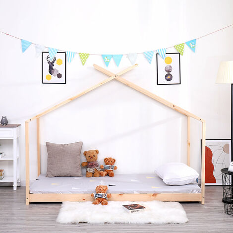 FURNITURE HMD Natural Single Solid Pine Bed Frame with Tree House Top Design,Mattress(WITHOUT):90x190cm