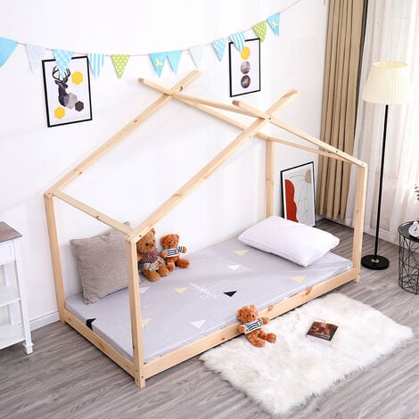 FURNITURE HMD Natural Single Solid Pine Bed Frame with Tree House Top Design,Mattress(WITHOUT):90x190cm