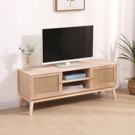 FURNITURE HMD Rattan TV Unit with 2 Doors 2 Shelves TV Unit,Free Standing Cabinet,Natural,120x34x46.5cm(WxDxH)