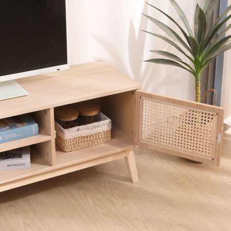 FURNITURE HMD Rattan TV Unit with 2 Doors 2 Shelves TV Unit,Free Standing Cabinet,Natural,120x34x46.5cm(WxDxH)