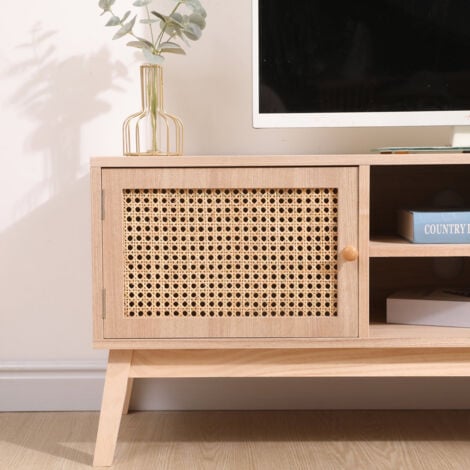 FURNITURE HMD Rattan TV Unit with 2 Doors 2 Shelves TV Unit,Free Standing Cabinet,Natural,120x34x46.5cm(WxDxH)