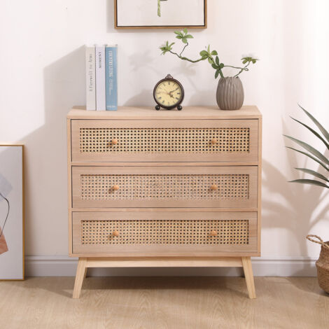 FURNITURE HMD Rattan 3 Drawers Chest,Storage Unit,Free Standing Cupboard,Natural,80x33x77.5cm(WxDxH)