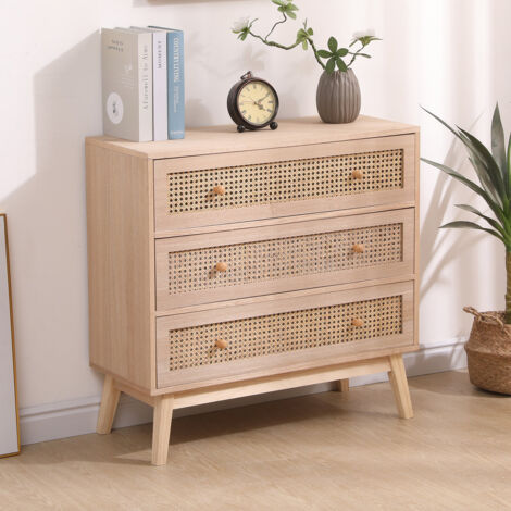 FURNITURE HMD Rattan 3 Drawers Chest,Storage Unit,Free Standing Cupboard,Natural,80x33x77.5cm(WxDxH)