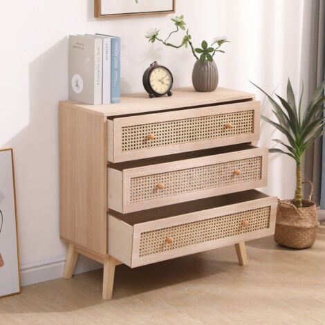 FURNITURE HMD Rattan 3 Drawers Chest,Storage Unit,Free Standing Cupboard,Natural,80x33x77.5cm(WxDxH)