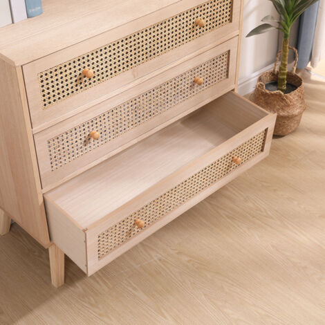 FURNITURE HMD Rattan 3 Drawers Chest,Storage Unit,Free Standing Cupboard,Natural,80x33x77.5cm(WxDxH)