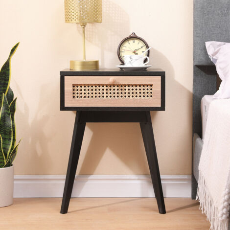 FURNITURE HMD Rattan Bedside Table with 1 Drawers,Natural and Black-40x30x54.5cm(WxDxH)