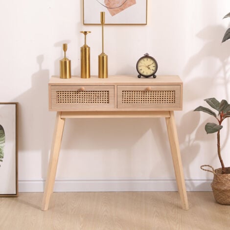 FURNITURE HMD Rattan 2 Drawer Console Table End Hallway Table,Natural