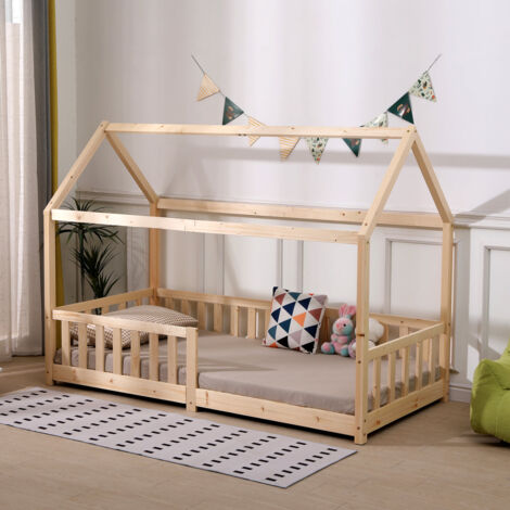 FURNITURE HMD Natural Single Bed Frame with 2 Storage Drawers,Pine Wood Children Bed with Grardrail