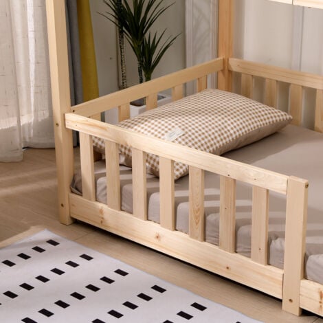 FURNITURE HMD Natural Single Bed Frame with 2 Storage Drawers,Pine Wood Children Bed with Grardrail