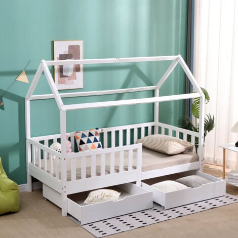 FURNITURE HMD White Kids Bed Single Bed Frame with 2 Storage Drawers,Pine Wood Children Bed with Guardrail