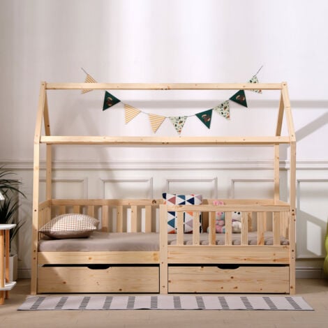 FURNITURE HMD Natural Kids Bed Single Bed Frame with 2 Storage Drawers,Pine Wood Children Bed with Grardrail