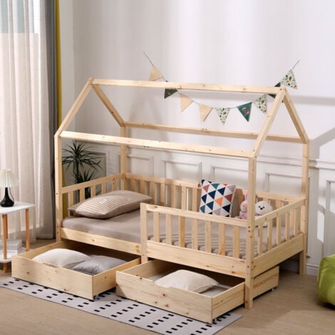 FURNITURE HMD Natural Kids Bed Single Bed Frame with 2 Storage Drawers,Pine Wood Children Bed with Grardrail