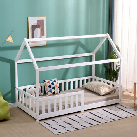 FURNITURE HMD White Single Bed Frame with 2 Storage Drawers,Solid Pine Wood Children Bed with Grardrail