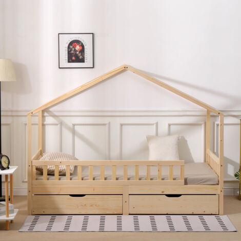 FURNITURE HMD Solid Wood Single Bed Frame with 2 Big Drawers