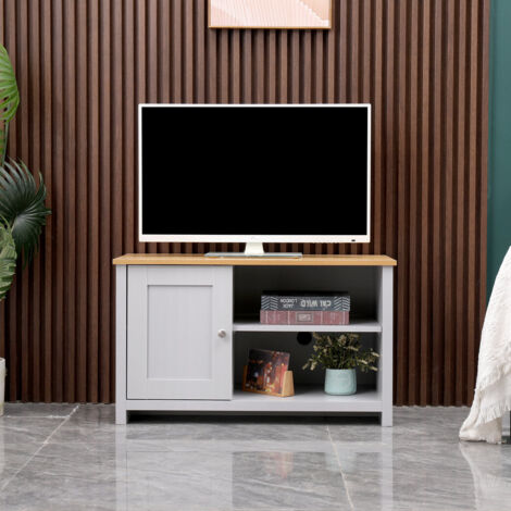 FURNITURE HMD 1 Door TV Unit Storage Cabinet with Shelves for TVs up to 50 Inches,Grey+Oak (1/5)