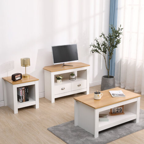 FURNITURE HMD Living Room Furniture Sets 3 Pieces Lamp/Side Tables Coffee Tables TV Unit Cabinets,White+Oak