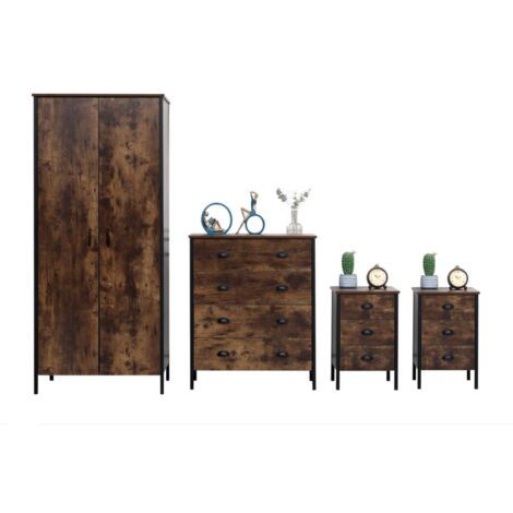 FURNITURE HMD 4 Pieces Bedroom Furniture Sets 2 Door Wardrobe,4 Drawer Chest and Bedside Table X 2,Wooden and Metal